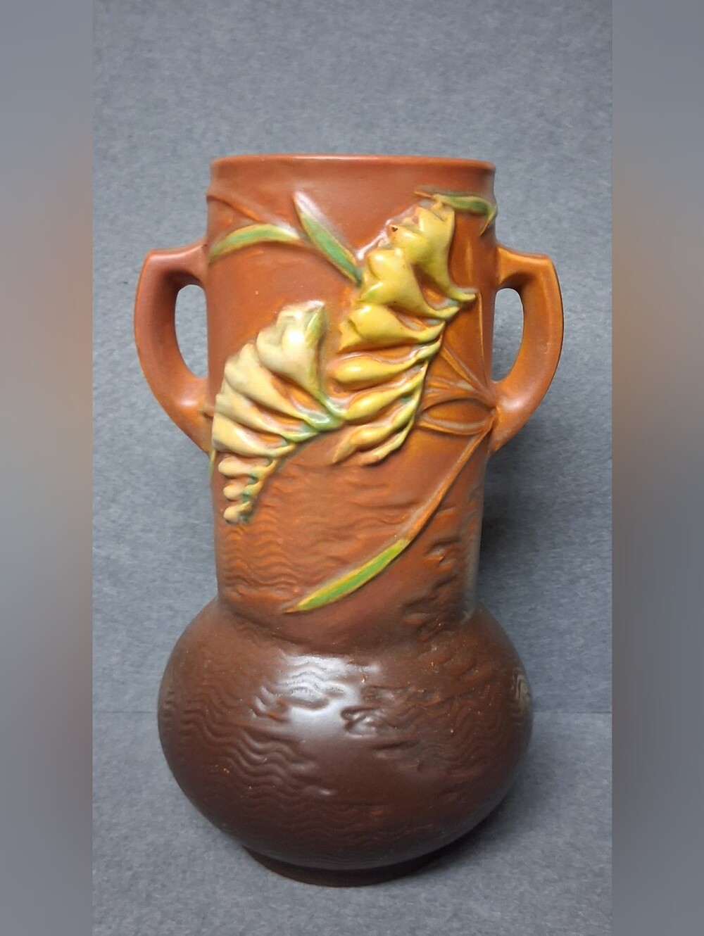 Vintage Roseville Pottery Freesia Vase Deep Orange and Brown 126-10